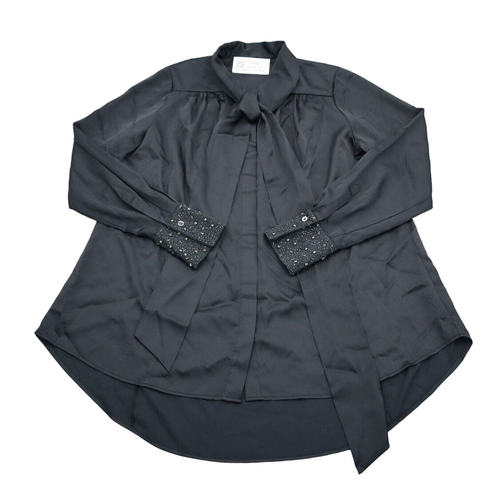 Pleated Shirt Womens Black Long Sleeve Rhinestone Beaded Button Tunic Blouse
